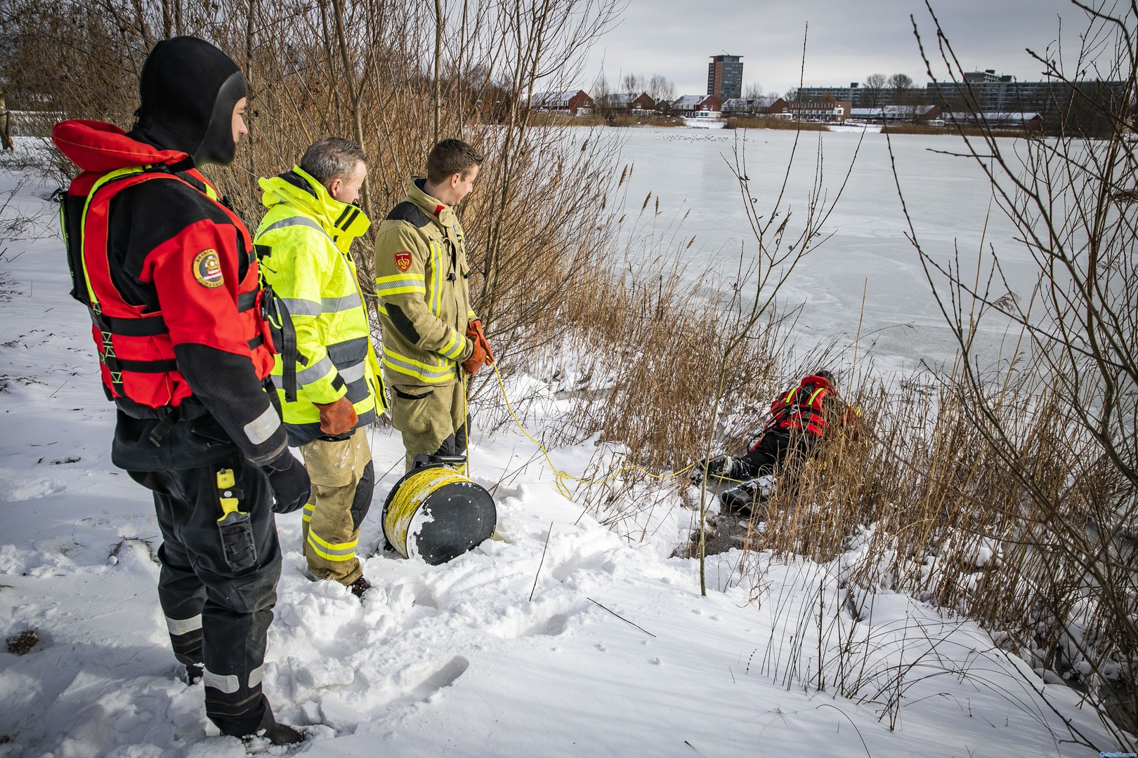 Brandweer druk met ‘vastgevroren’ zwanen op het ijs