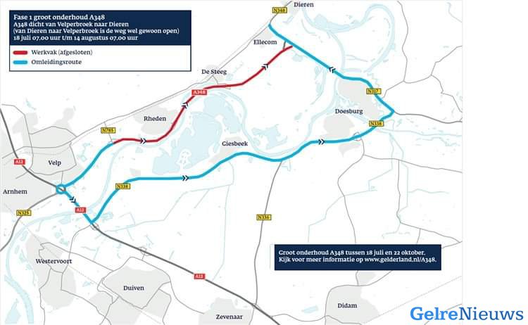 Groot onderhoud aan de A348 tussen Velp en Ellecom