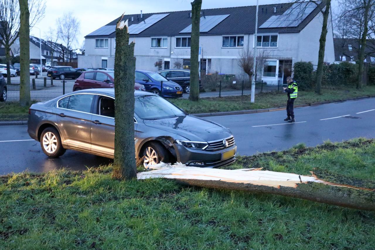 Boom doormidden bij aanrijding, brandweer schiet te hulp