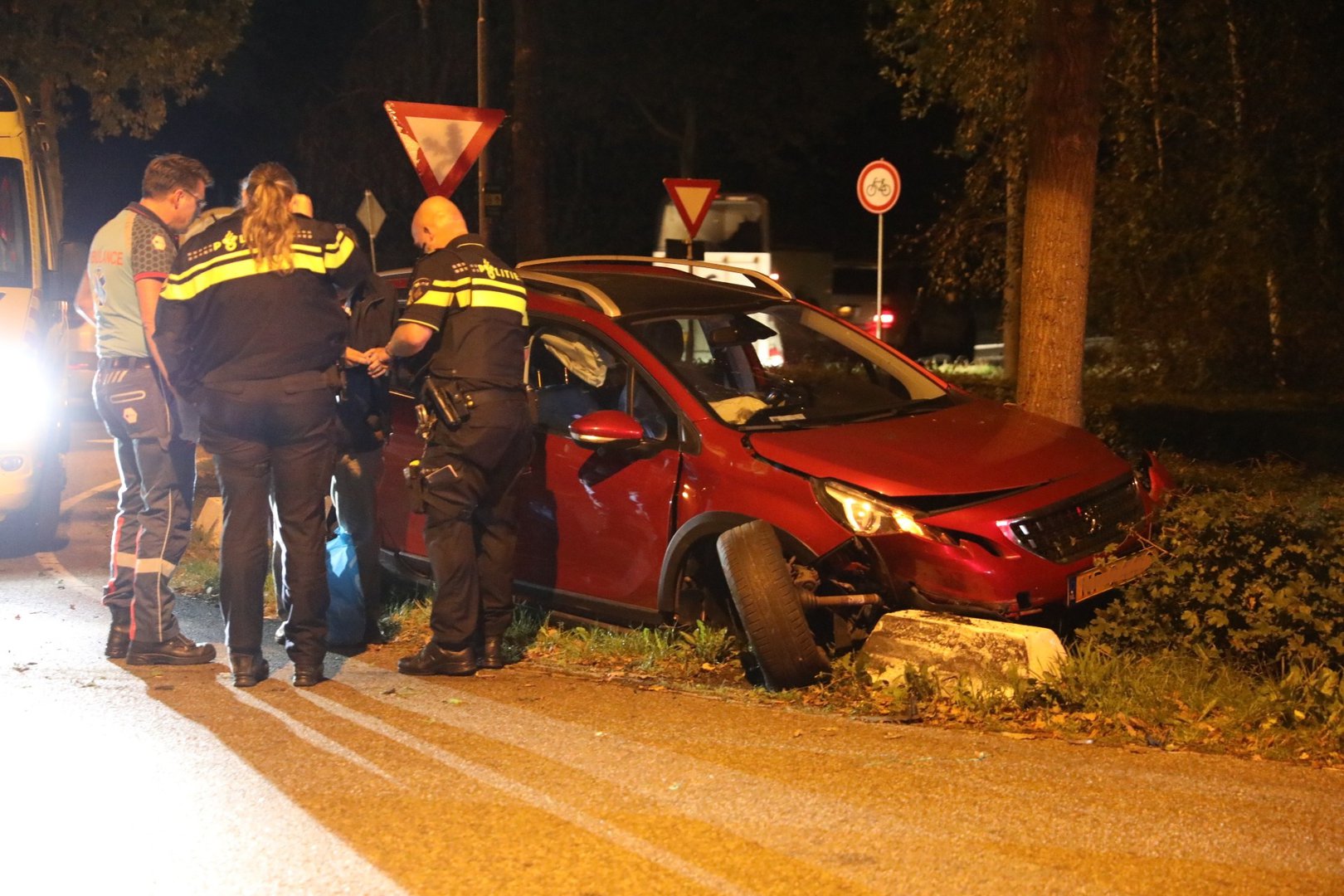 Automobilist rijdt door bosjes en botst tegen boom