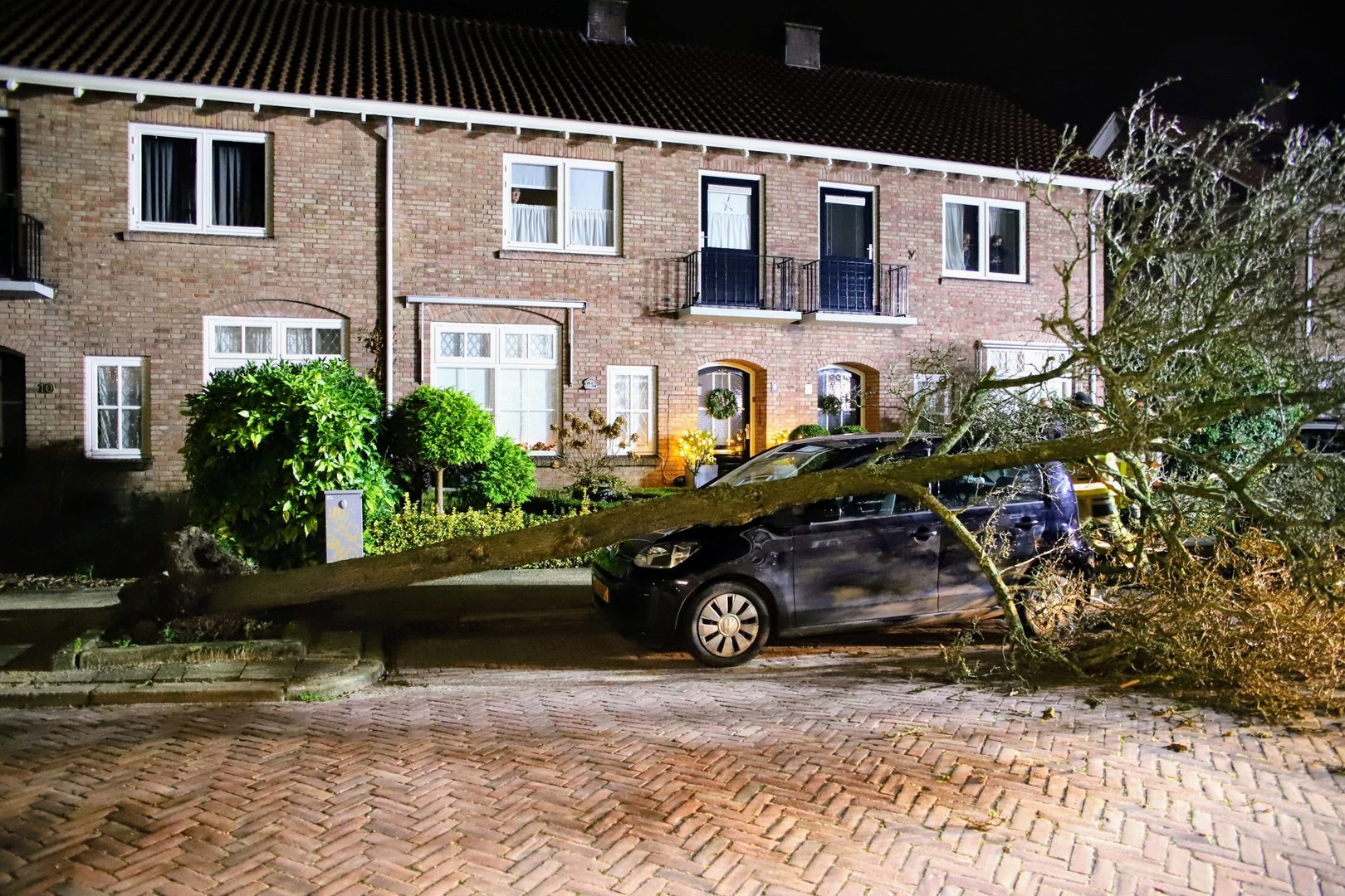 Boom waait om en valt op auto