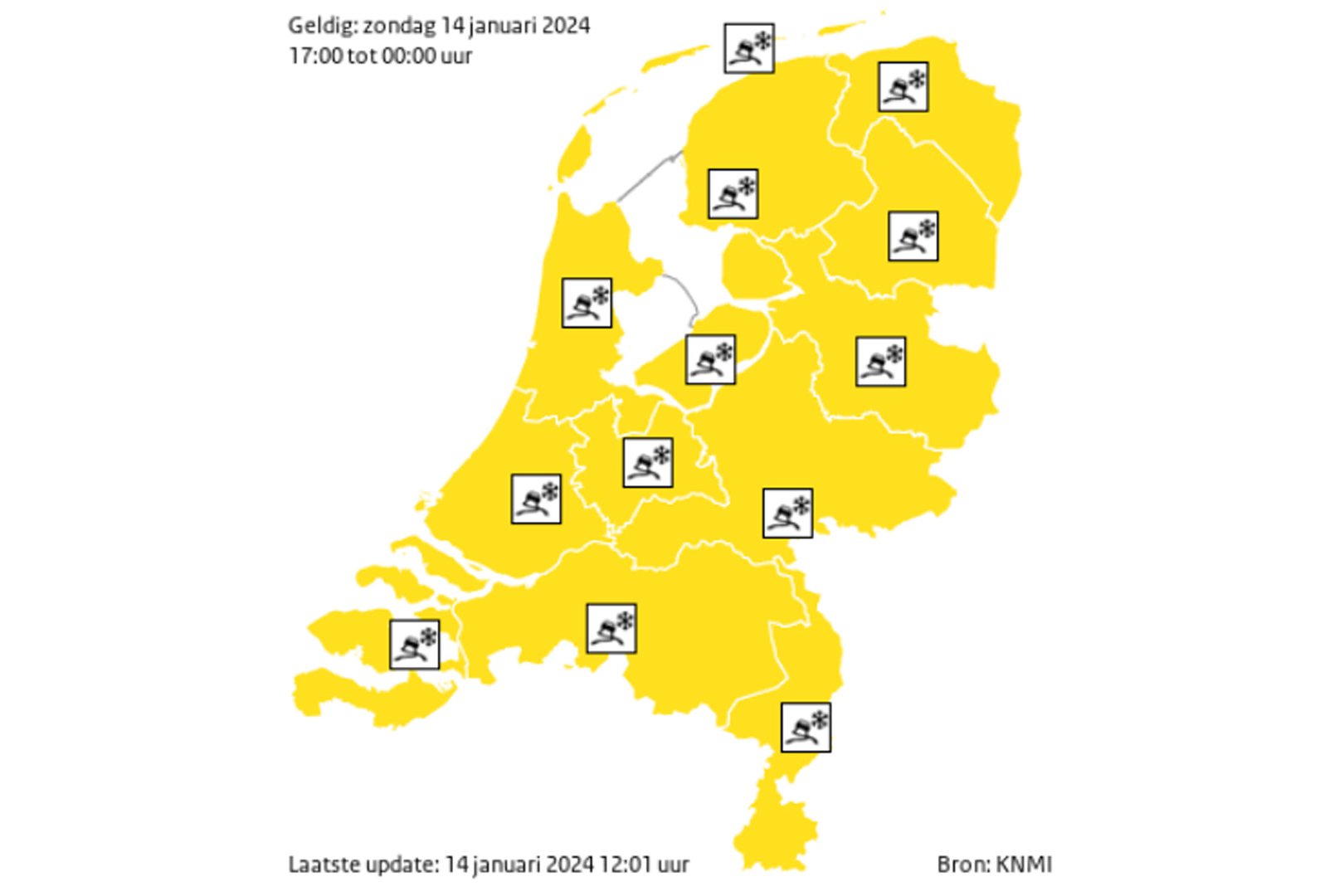 Code geel in groot deel van het land