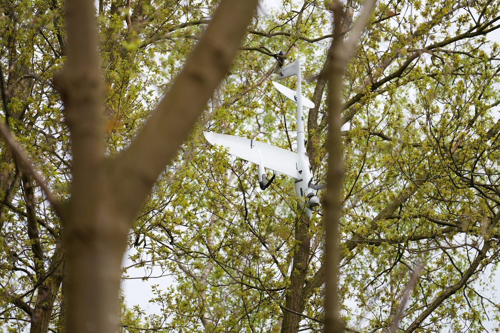 Afstand bestuurbaar vliegtuig in boom, brandweer komt in actie