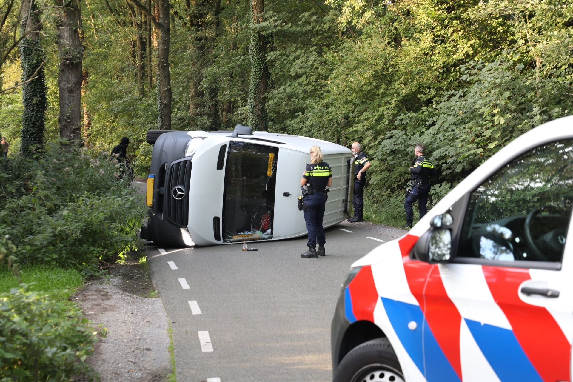 Bestelbus kantelt na botsing tegen boom, bestuurder aangehouden