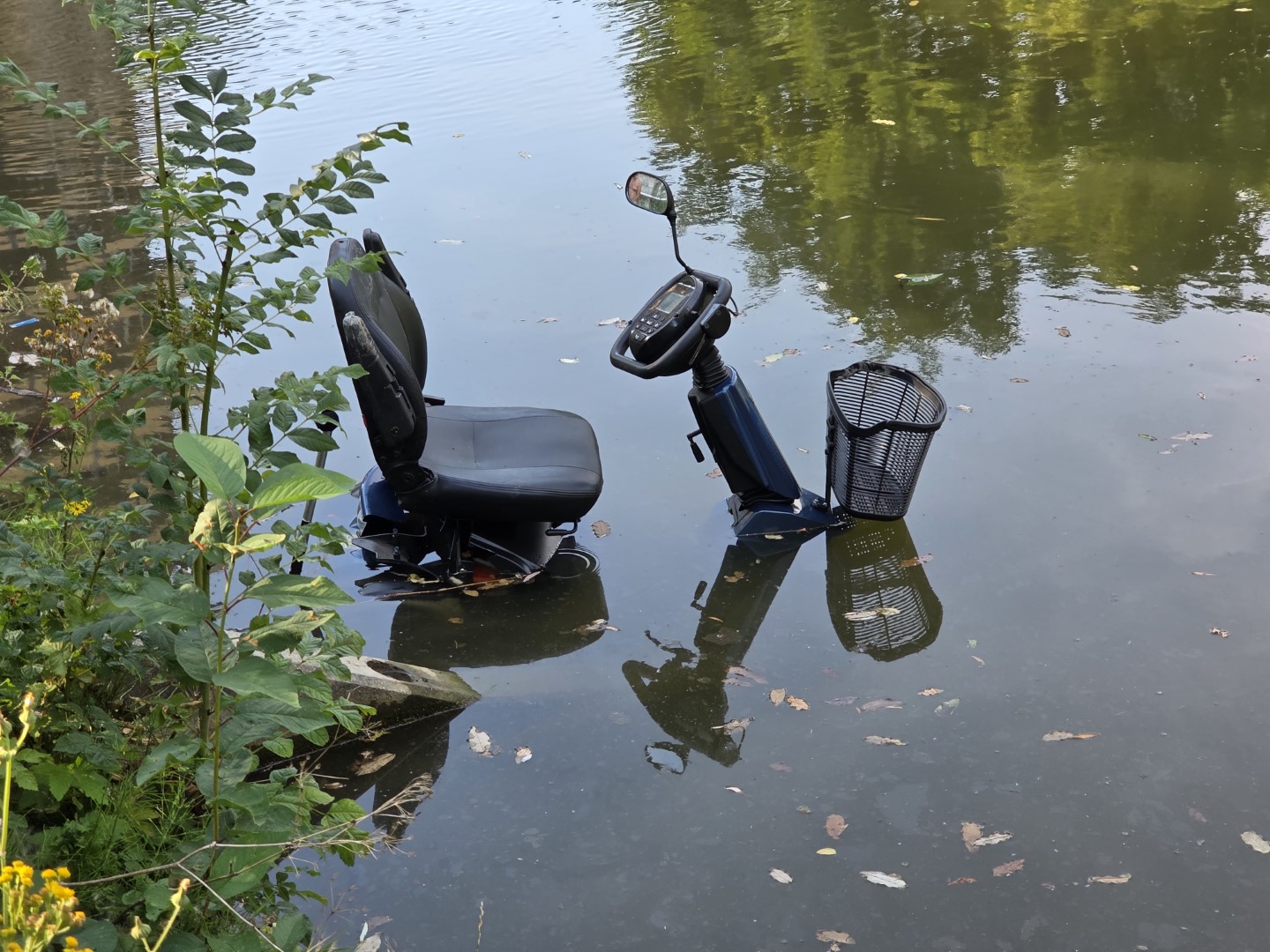 Man belandt met scootmobiel in vijver, zoon schiet te hulp