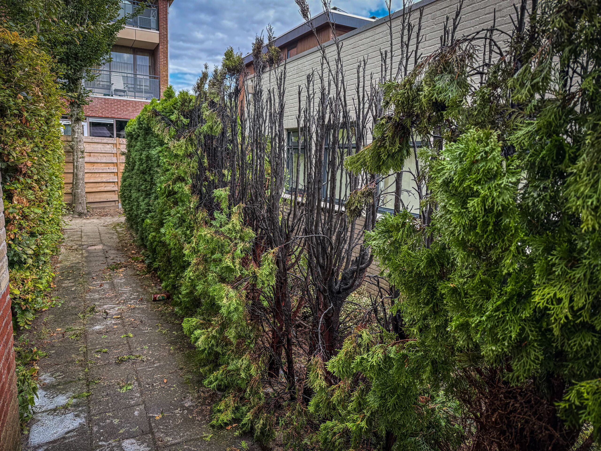 Buurtbewoner blust brandende tussen twee woningen