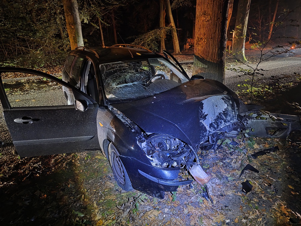 Auto crasht tegen boom, bestuurder gewond