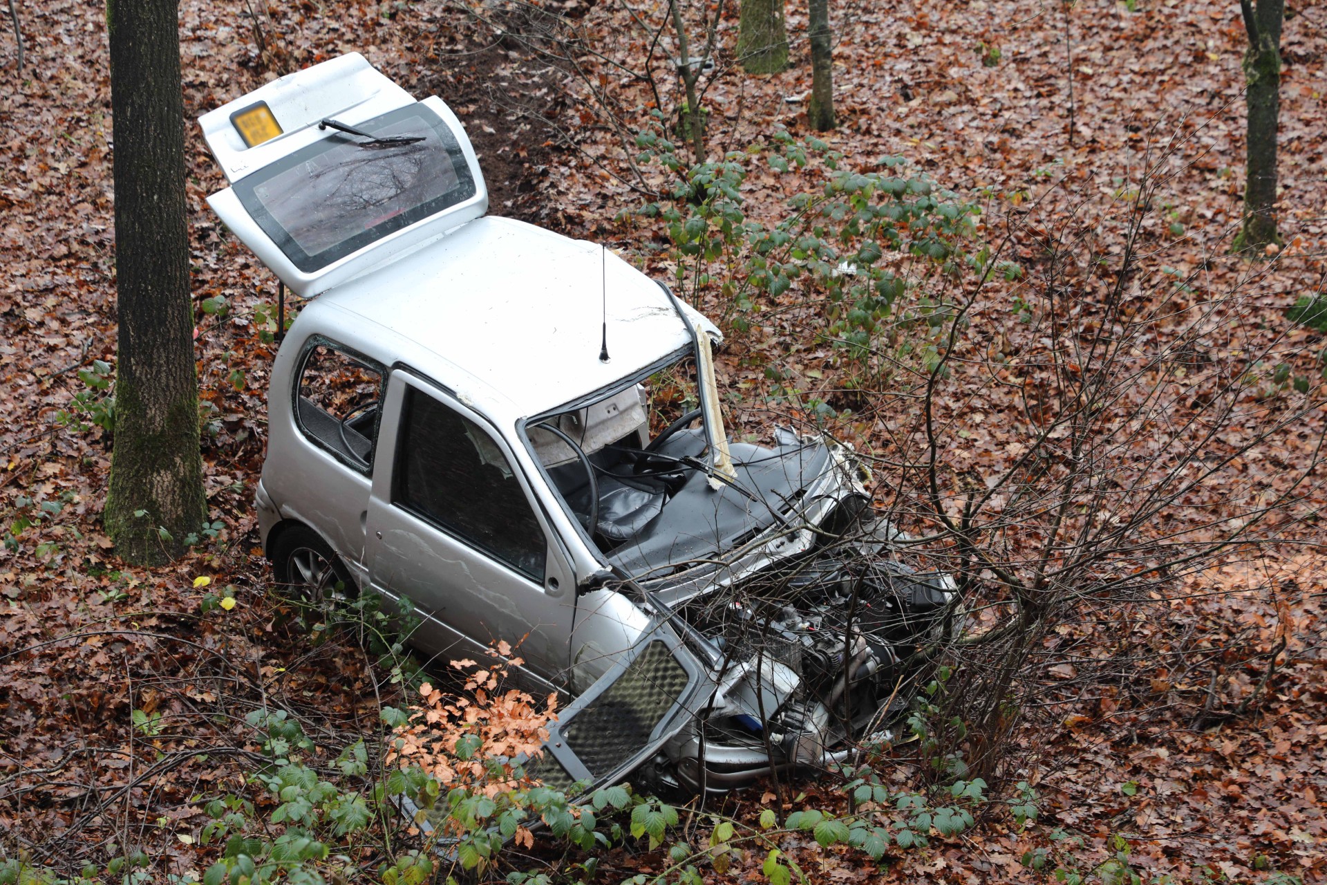 Brommobiel raakt van de weg na uitwijkmanoeuvre en eindigt in bosschage
