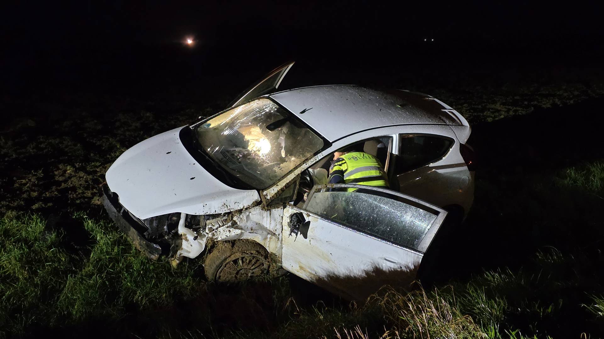 Auto vliegt uit bocht en belandt in weiland
