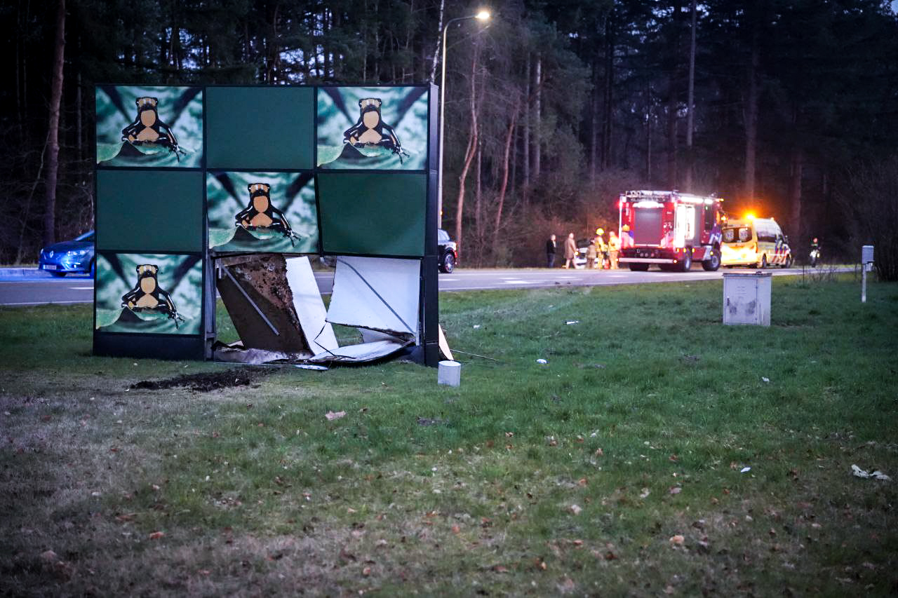 Bestuurder verliest macht over stuur en rijdt dwars door bord